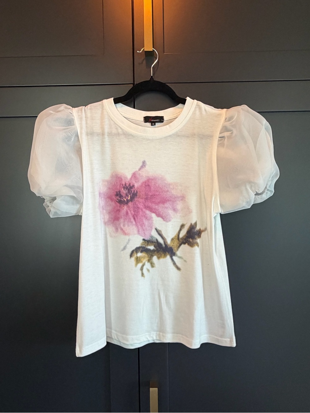 White Puff-Sleeve Tee with Pink Floral Print
